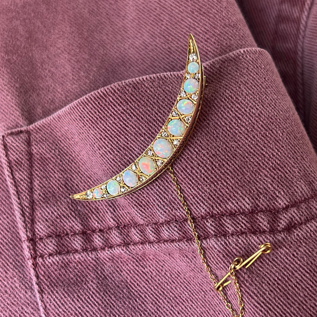 Victorian Opal and Diamond Crescent Brooch, c. 1890