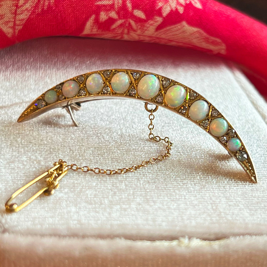 Victorian Opal and Diamond Crescent Brooch, c. 1890