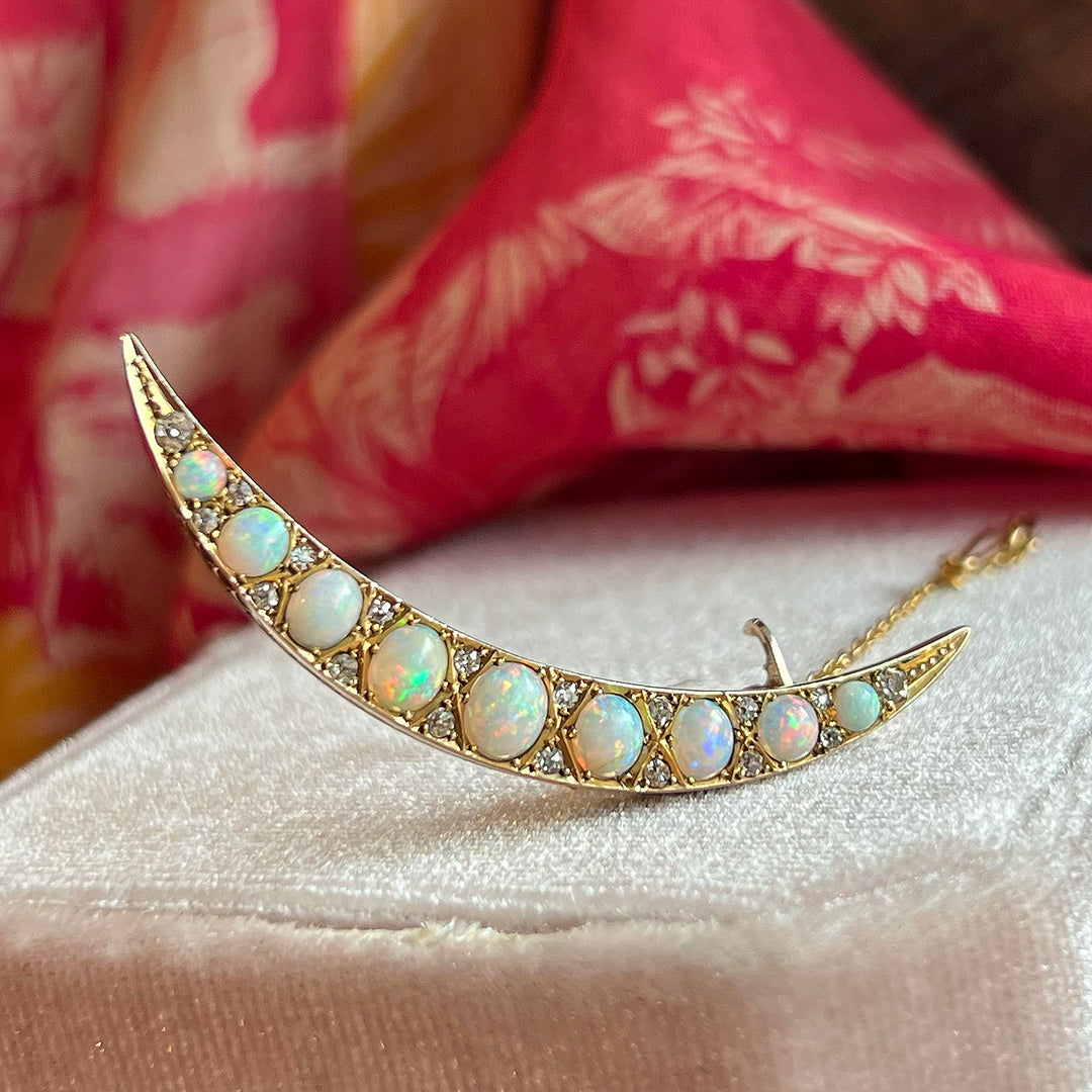 Victorian Opal and Diamond Crescent Brooch, c. 1890