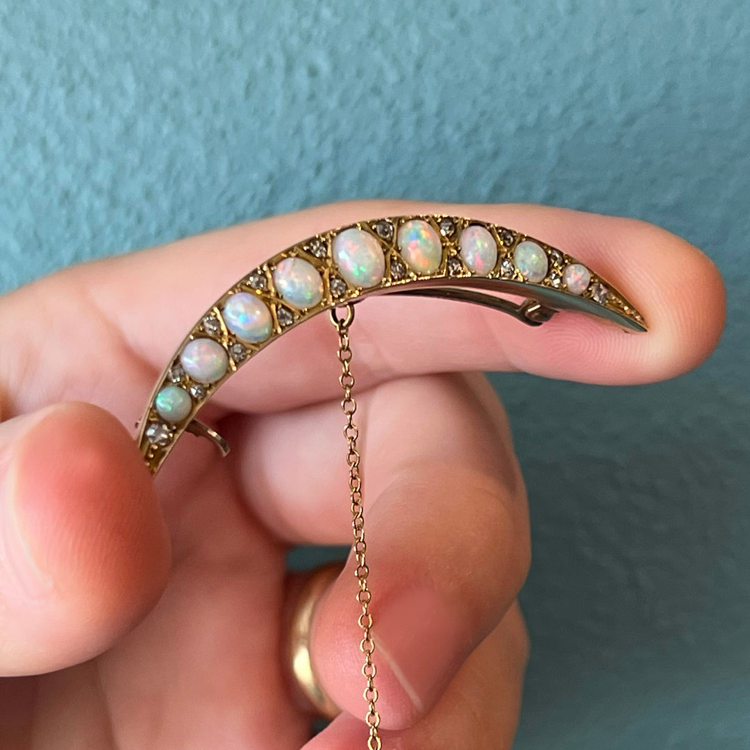 Victorian Opal and Diamond Crescent Brooch, c. 1890