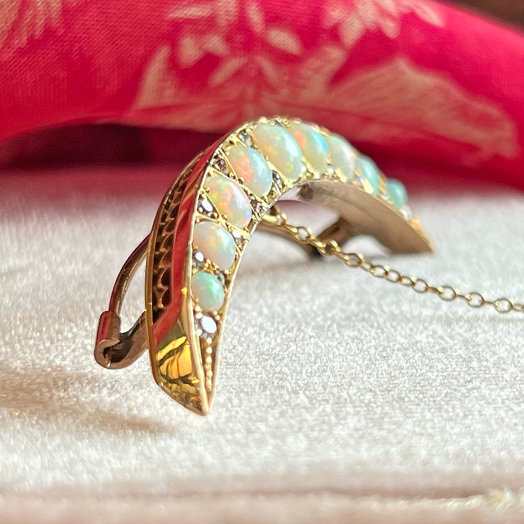 Victorian Opal and Diamond Crescent Brooch, c. 1890