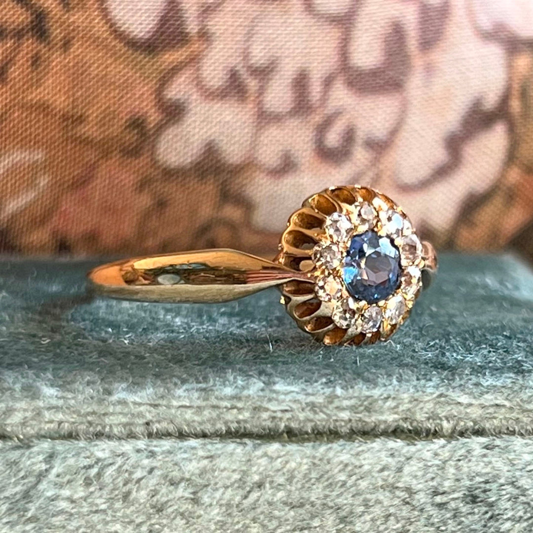 Victorian Sapphire and Diamond Cluster Ring in 18 Karat Gold