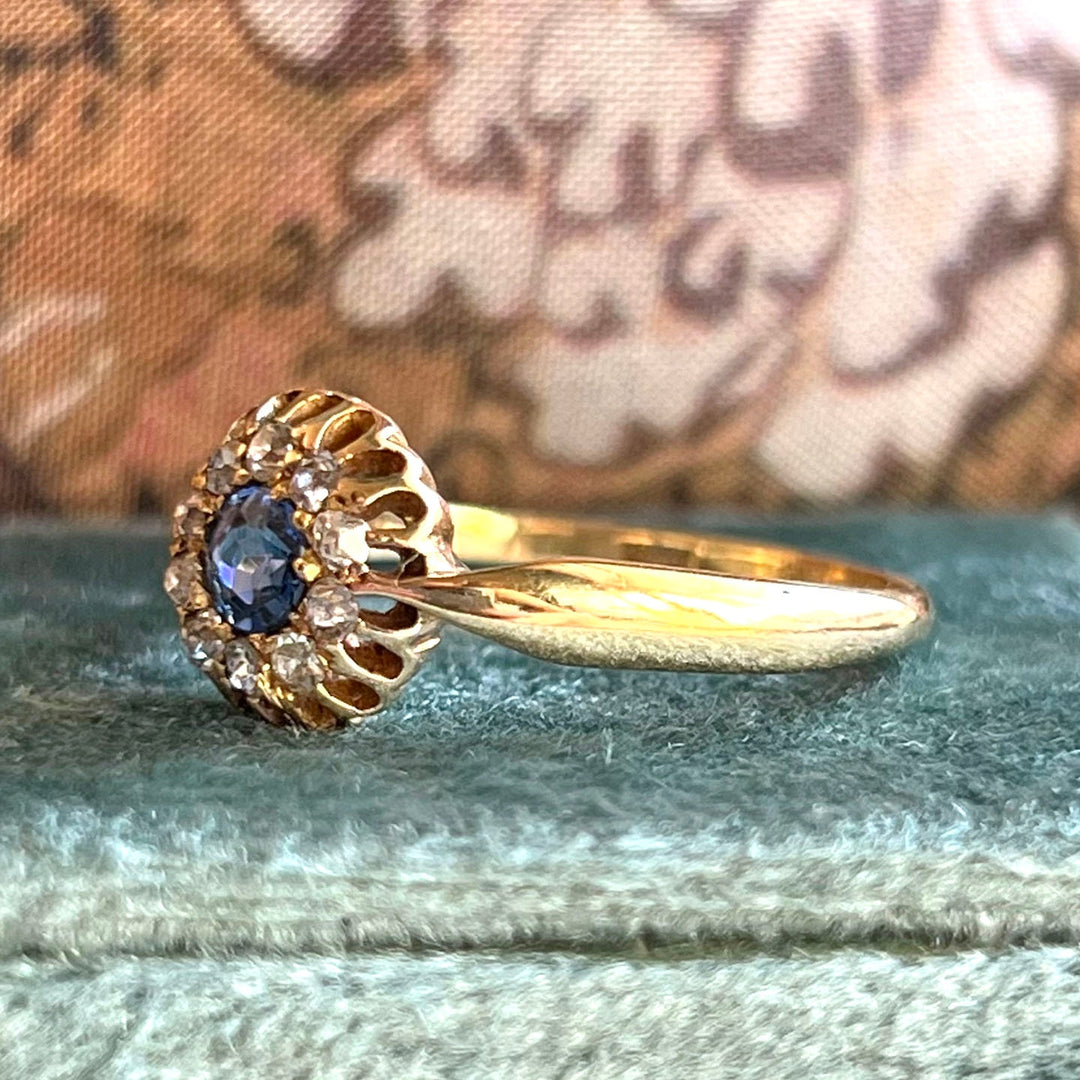 Victorian Sapphire and Diamond Cluster Ring in 18 Karat Gold
