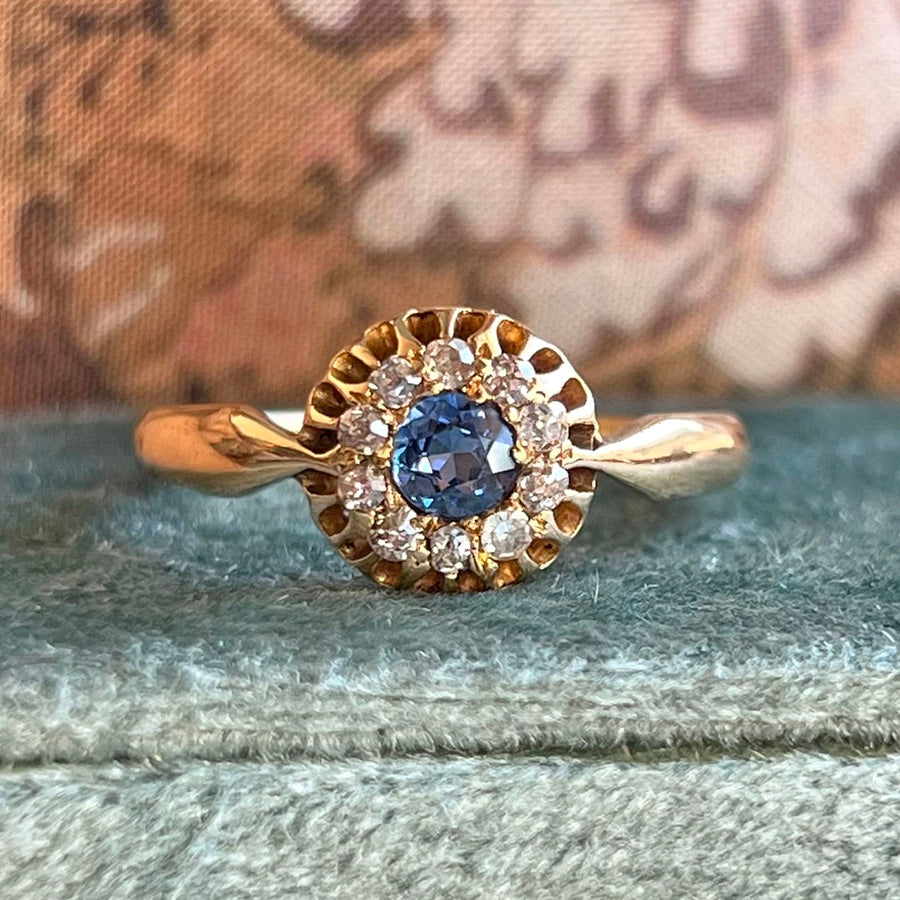 Victorian Sapphire and Diamond Cluster Ring in 18 Karat Gold