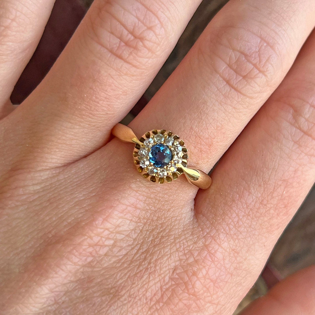 Victorian Sapphire and Diamond Cluster Ring in 18 Karat Gold