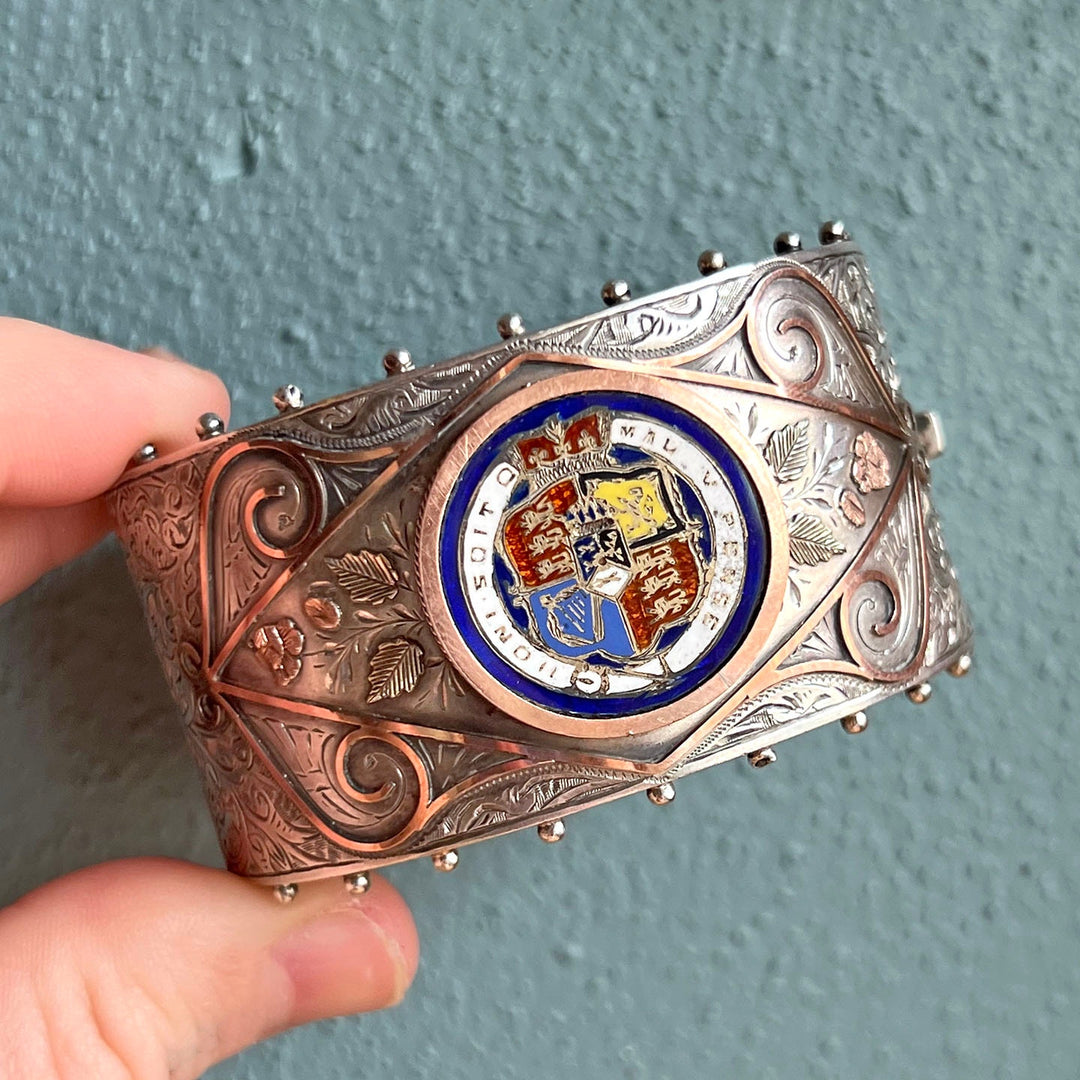 Victorian Silver Engraved Enamel Bangle with Heraldic Crest, Birmingham 1890