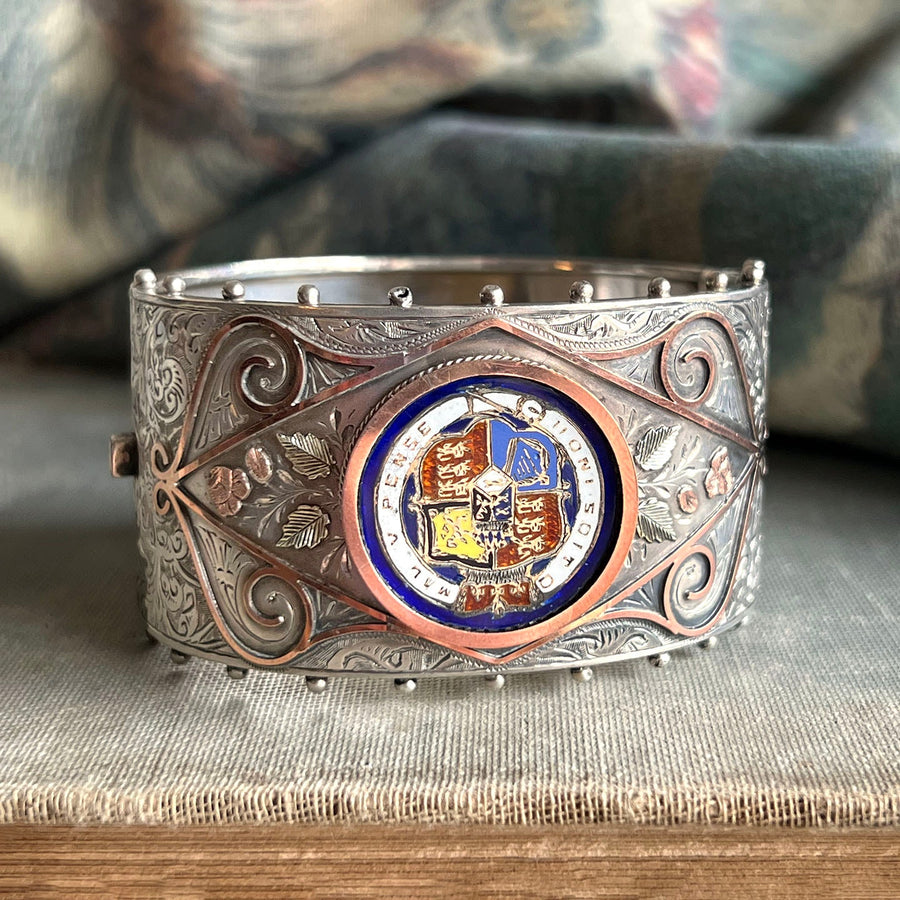Victorian Silver Engraved Enamel Bangle with Heraldic Crest, Birmingham 1890