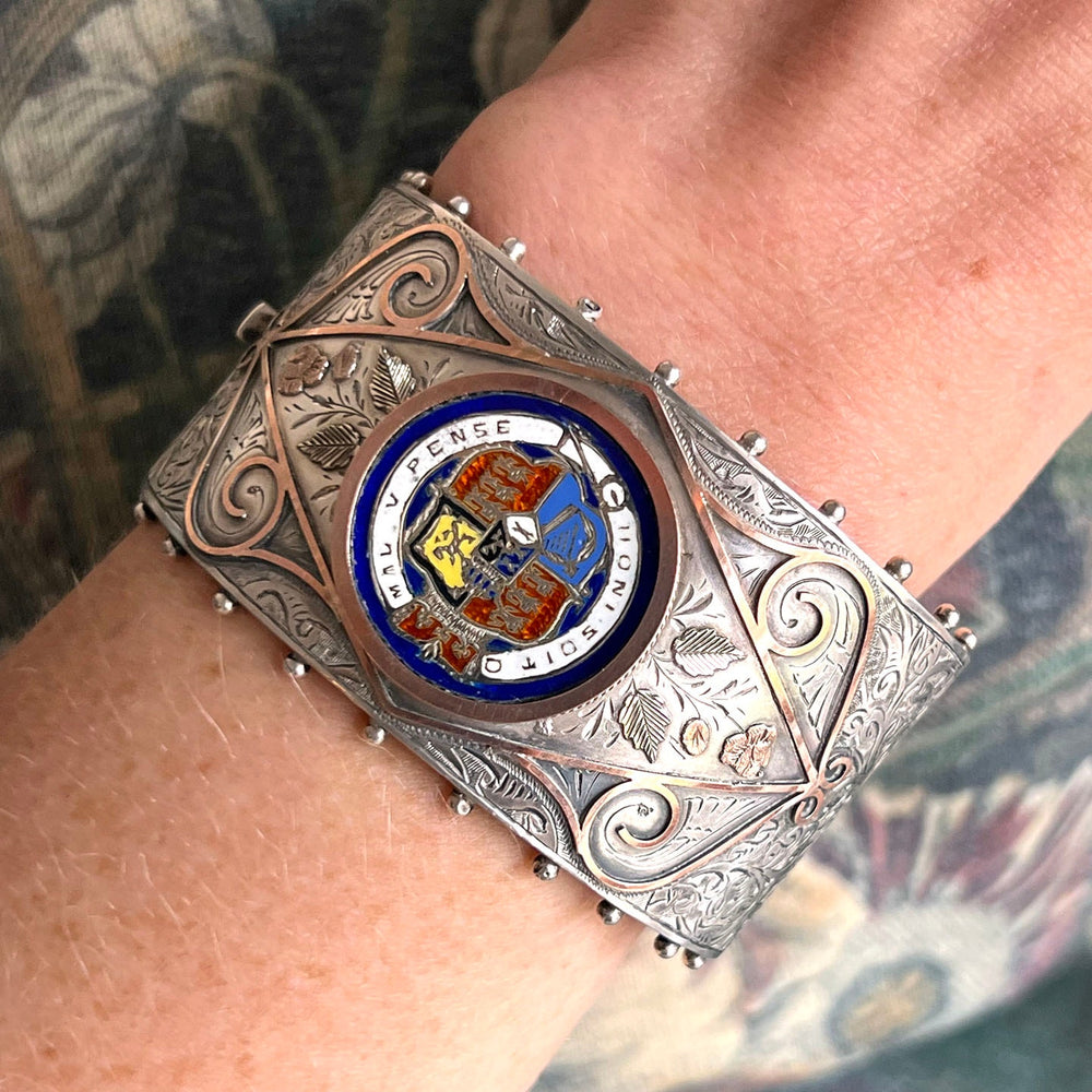 Victorian Silver Engraved Enamel Bangle with Heraldic Crest, Birmingham 1890