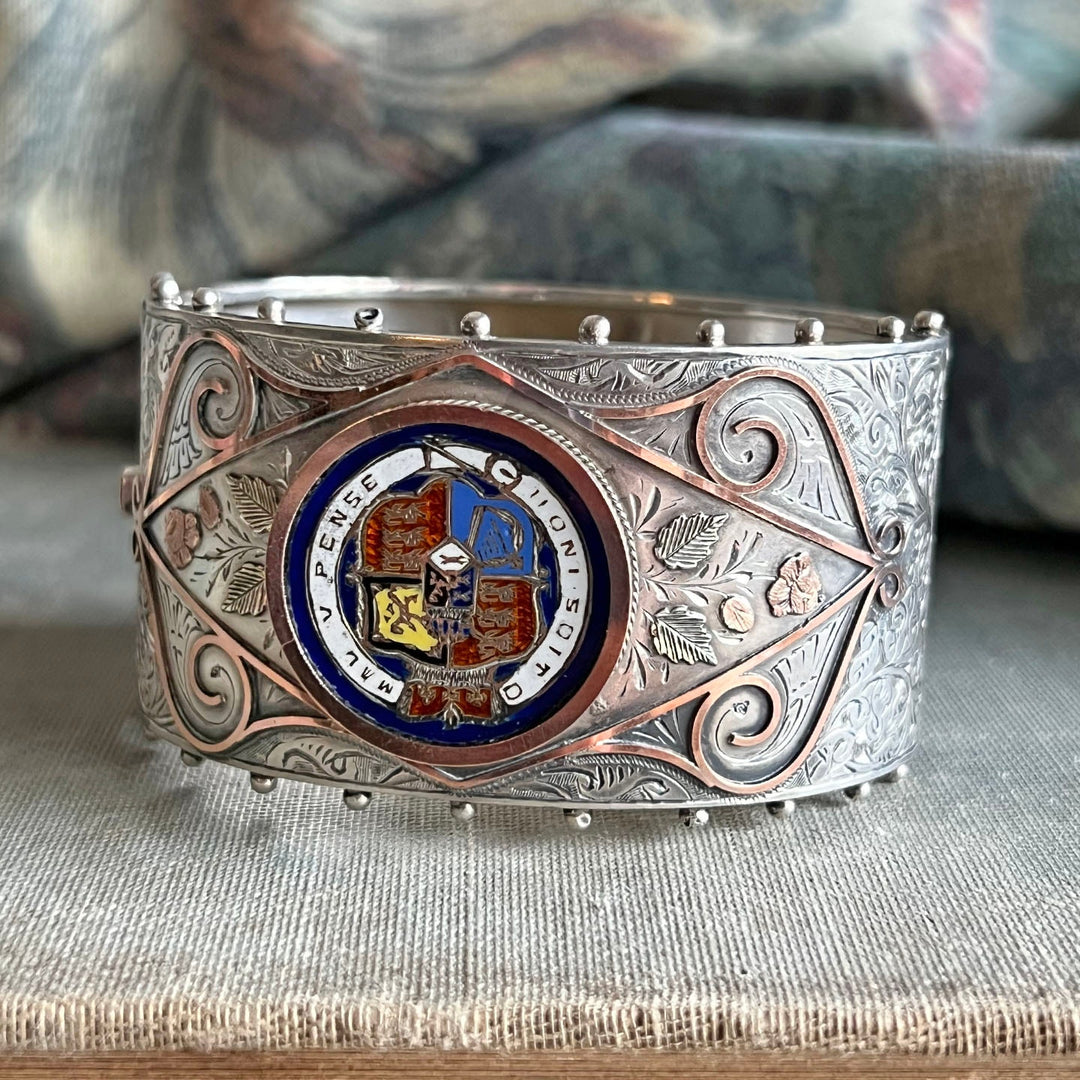 Victorian Silver Engraved Enamel Bangle with Heraldic Crest, Birmingham 1890