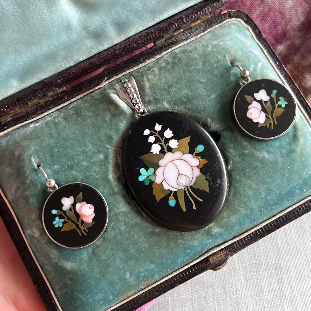 Victorian silver pietra dura pendant and earrings set