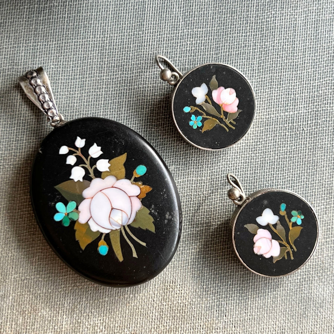 Victorian Italian floral mosaic pendant and earrings