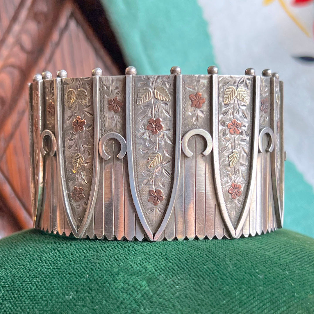 Victorian Sterling Silver Bangle Bracelet Floral Embossed c. 1880