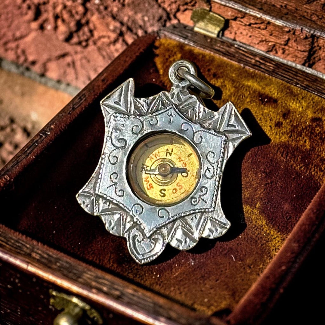 Antique Victorian Sterling Silver Engraved Compass Pendant dated 1896