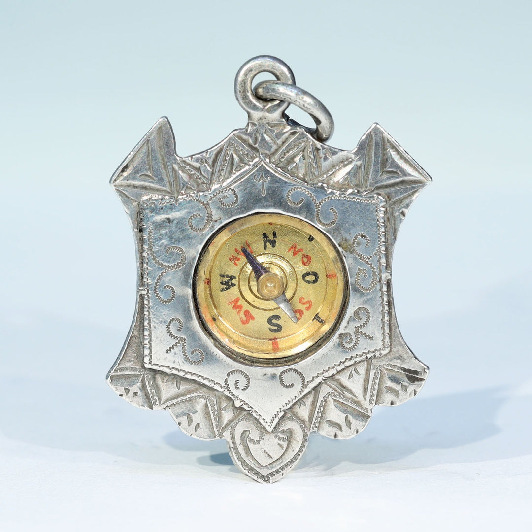 Antique Victorian Sterling Silver Engraved Compass Pendant dated 1896