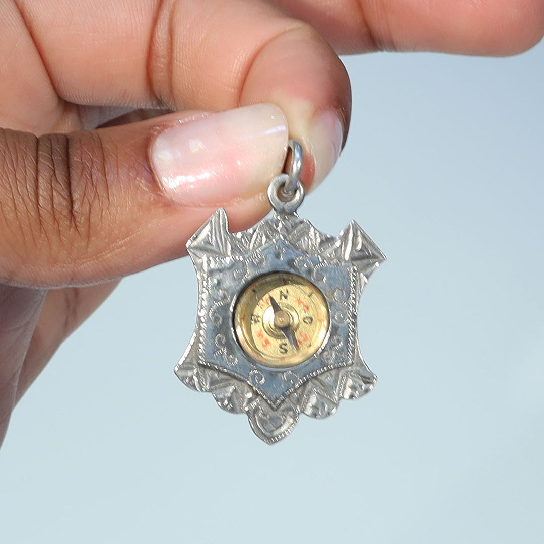 Antique Victorian Sterling Silver Engraved Compass Pendant dated 1896