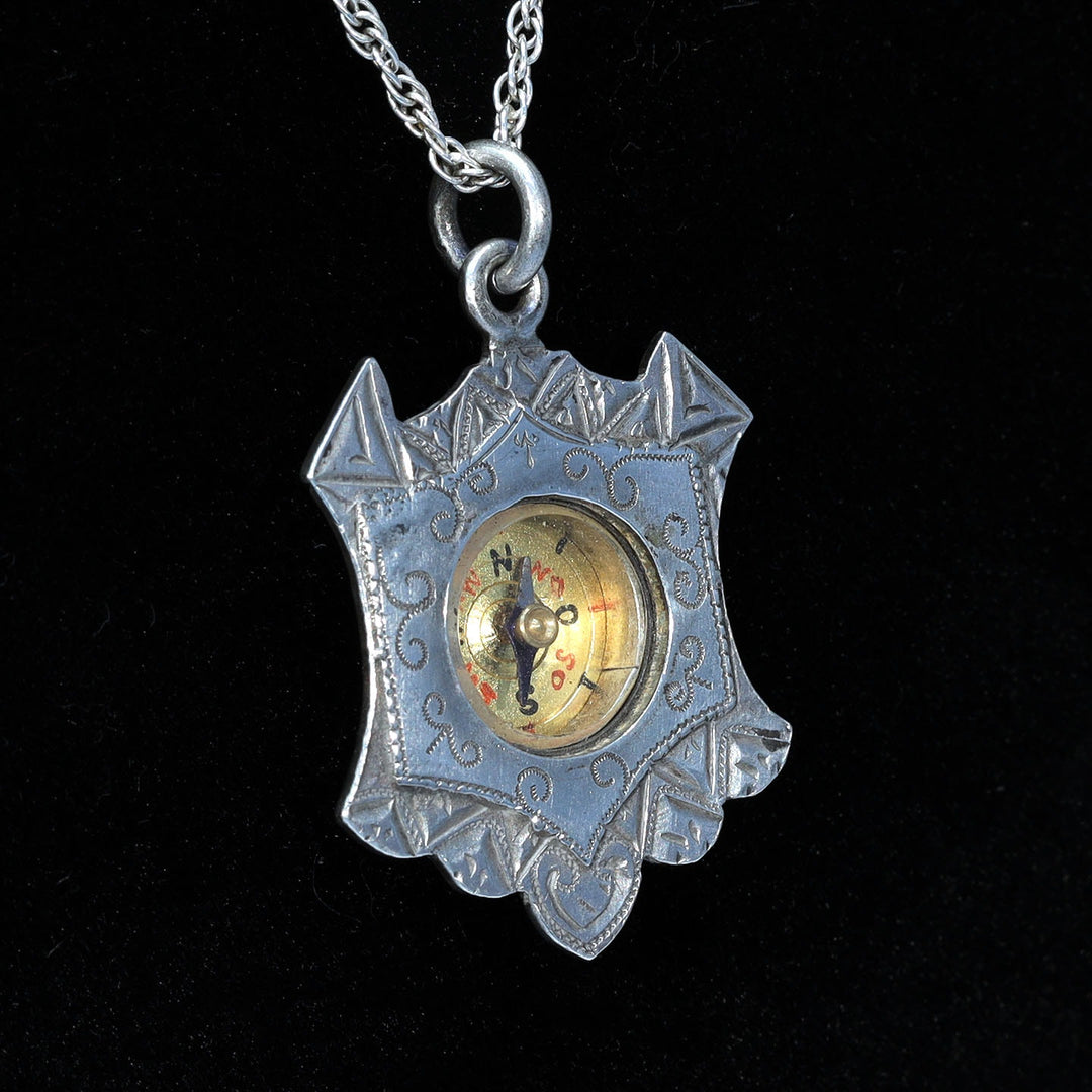 Antique Victorian Sterling Silver Engraved Compass Pendant dated 1896