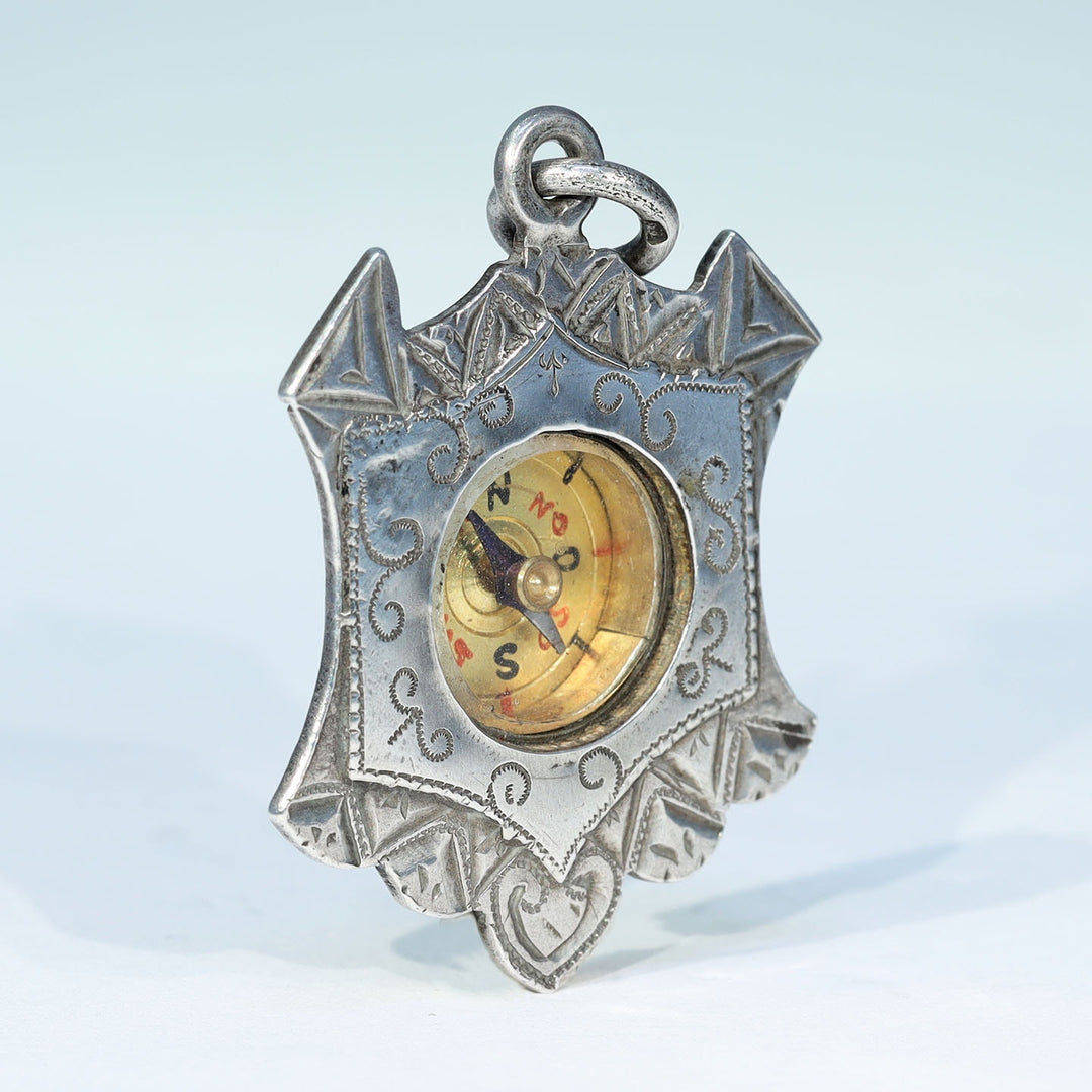 Antique Victorian Sterling Silver Engraved Compass Pendant dated 1896