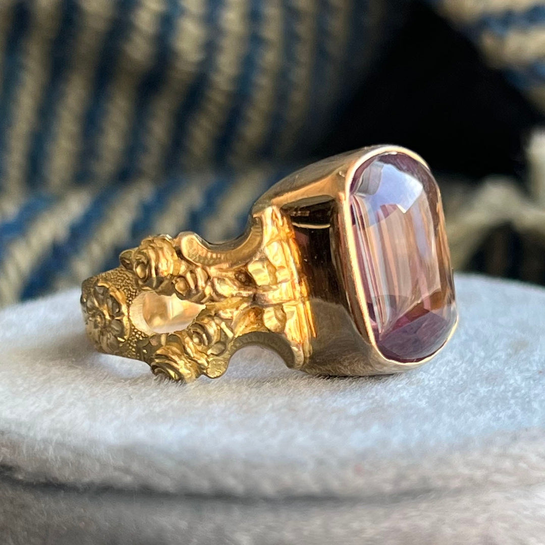 Bold vintage gold statement ring with amethyst