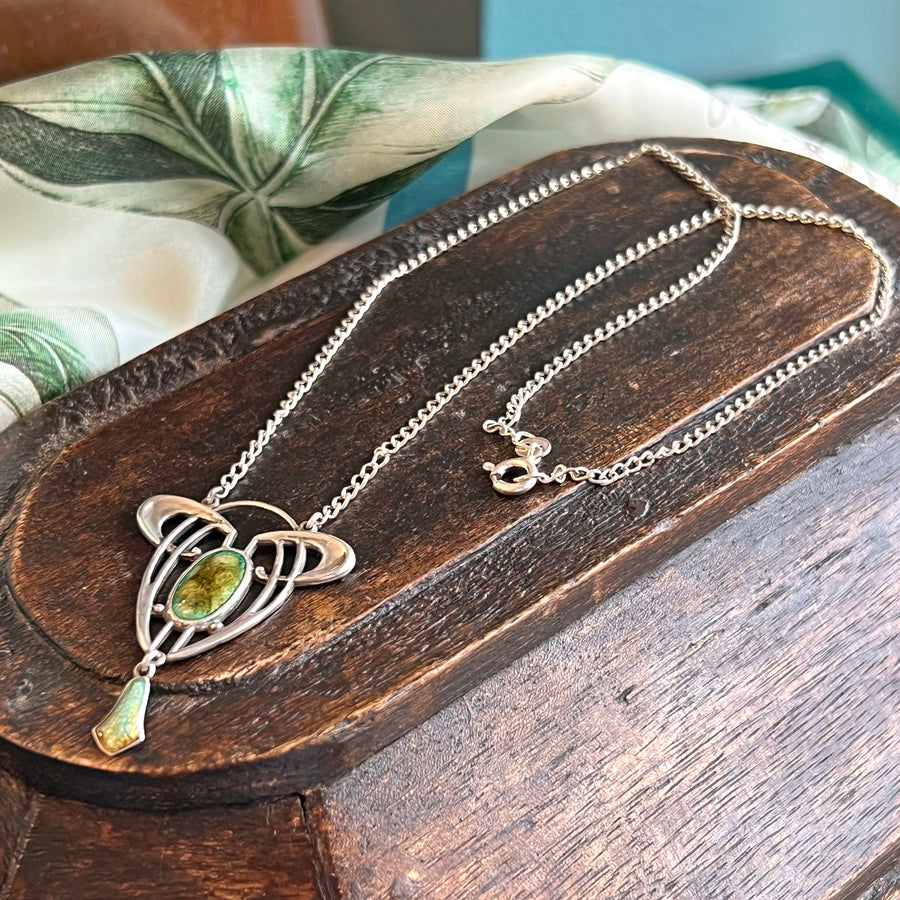 Vintage Art Nouveau Green Enamel Pendant on Chain Silver Necklace