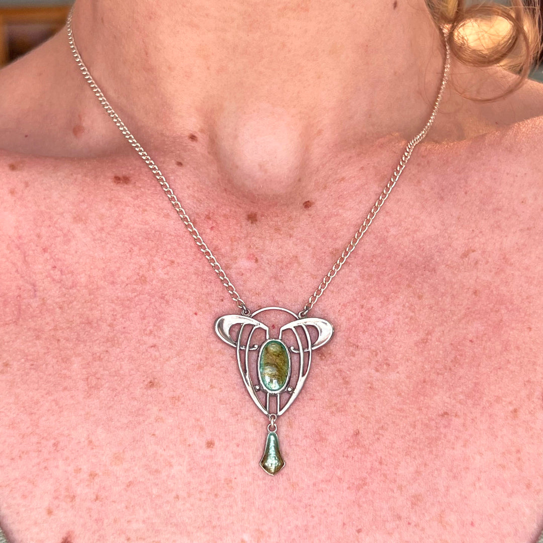 Vintage Art Nouveau Green Enamel Pendant on Chain Silver Necklace