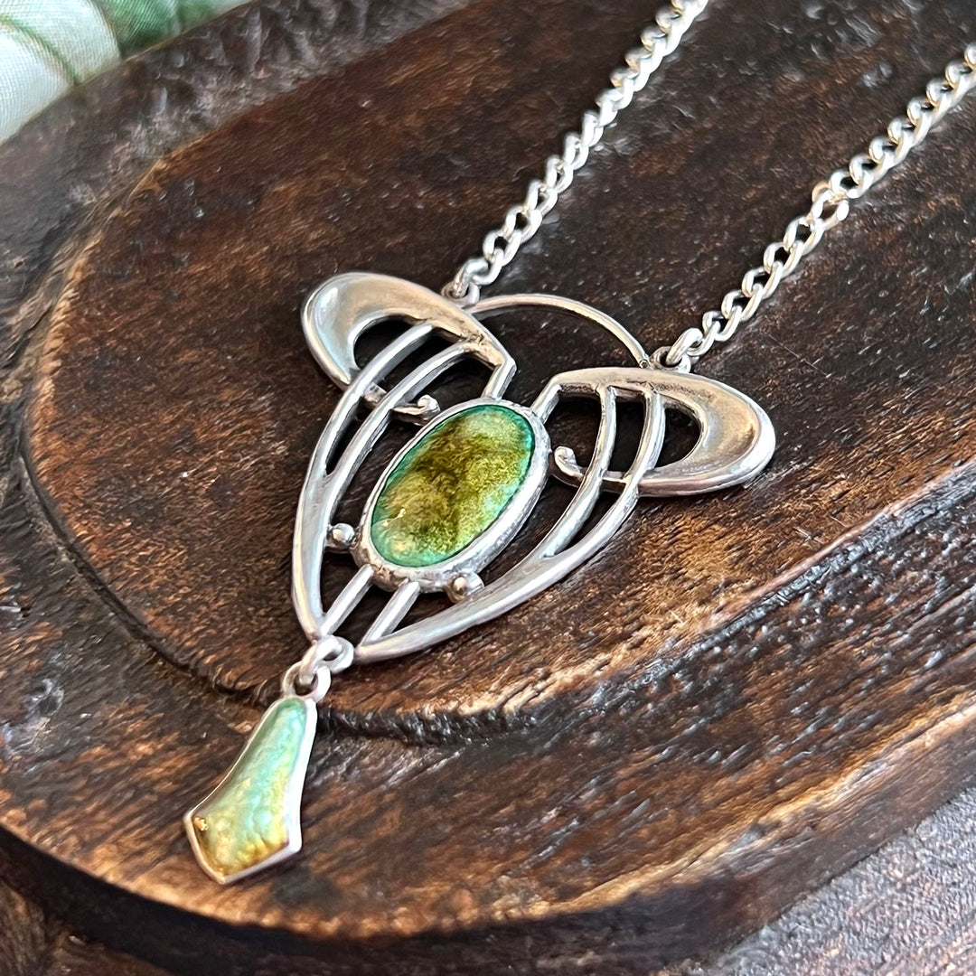 Vintage Art Nouveau Green Enamel Pendant on Chain Silver Necklace