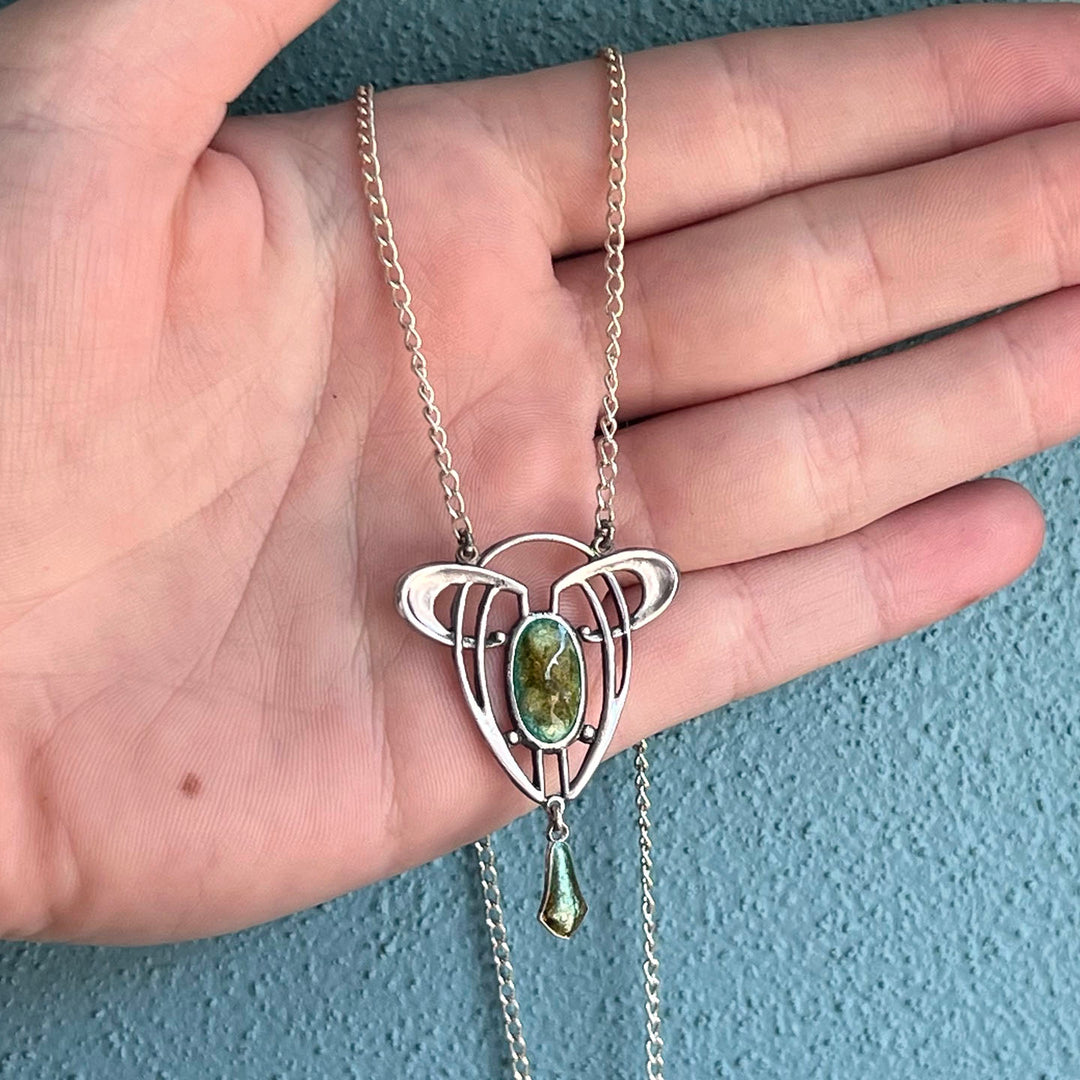Vintage Art Nouveau Green Enamel Pendant on Chain Silver Necklace