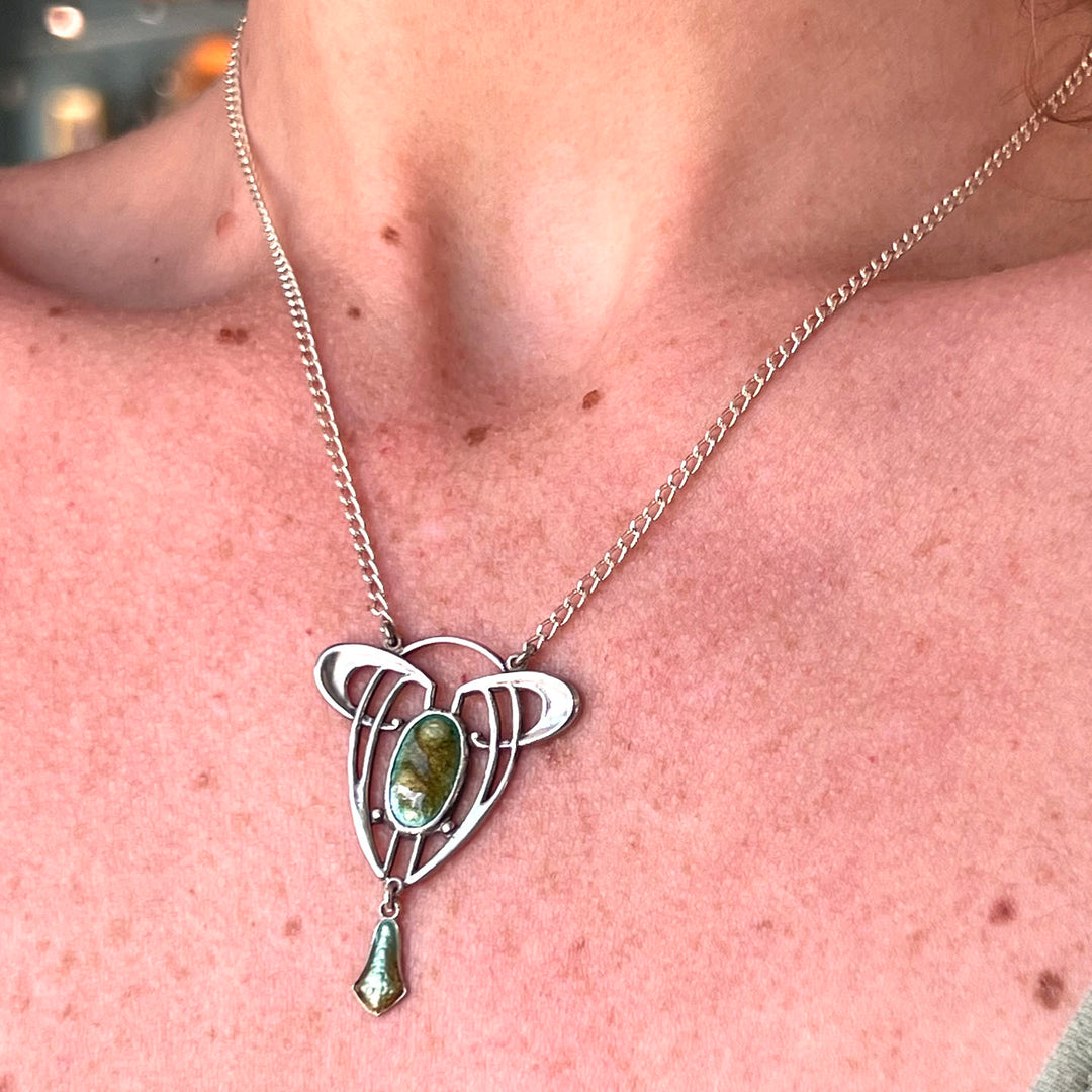 Vintage Art Nouveau Green Enamel Pendant on Chain Silver Necklace