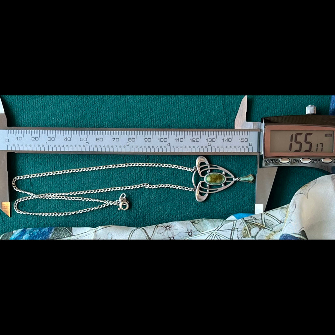 Vintage Art Nouveau Green Enamel Pendant on Chain Silver Necklace