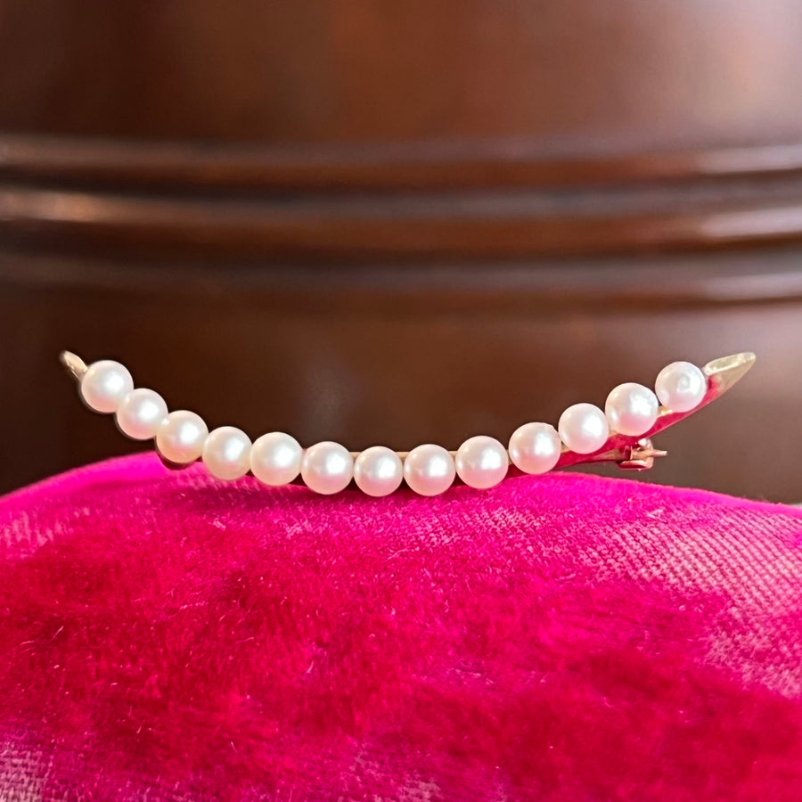 Vintage Crescent Brooch Gold Seed Pearl, c. 1930