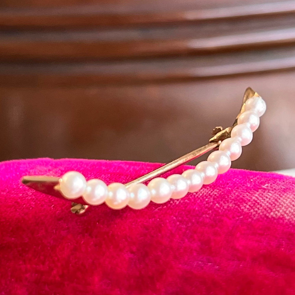 Vintage Crescent Brooch Gold Seed Pearl, c. 1930