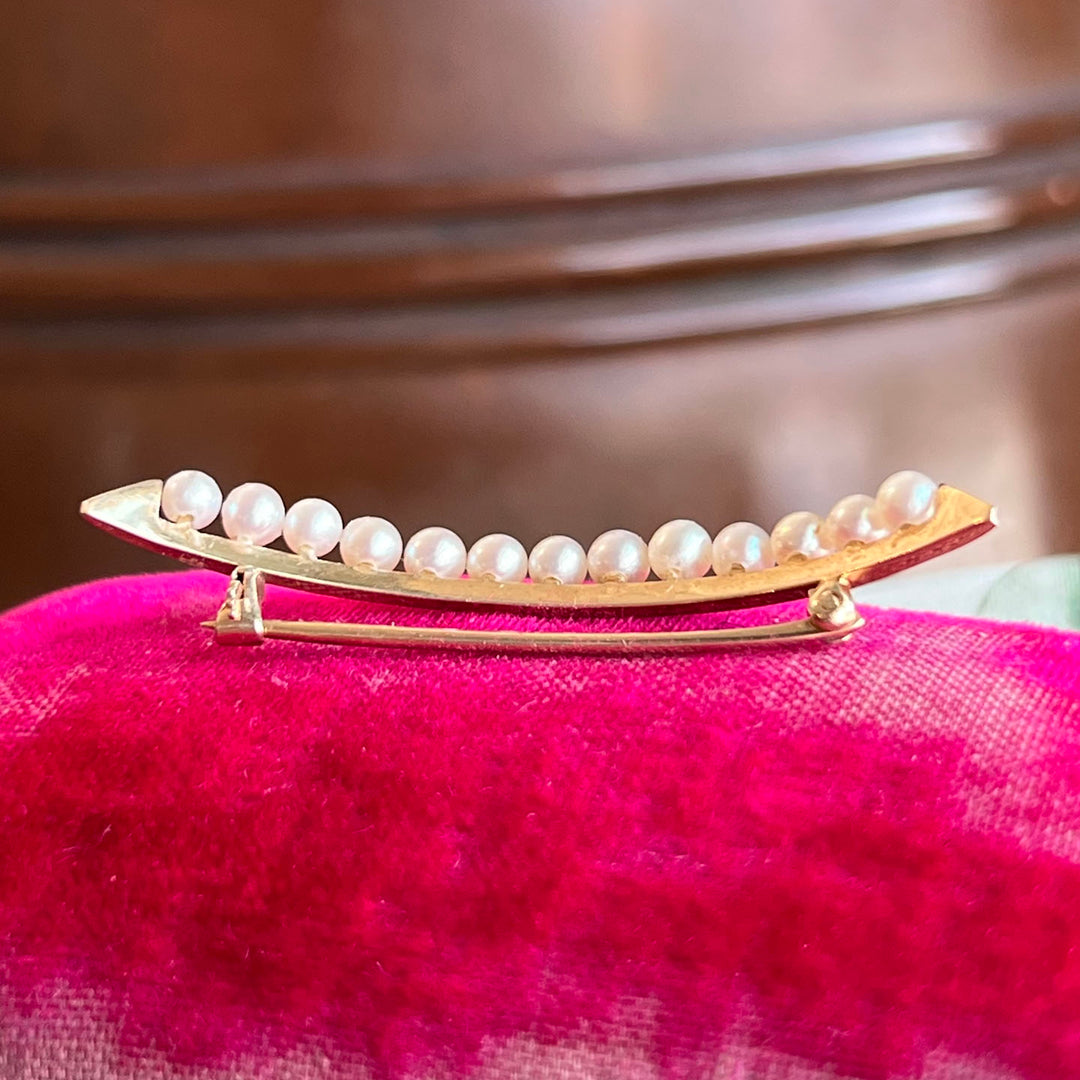 Vintage Crescent Brooch Gold Seed Pearl, c. 1930