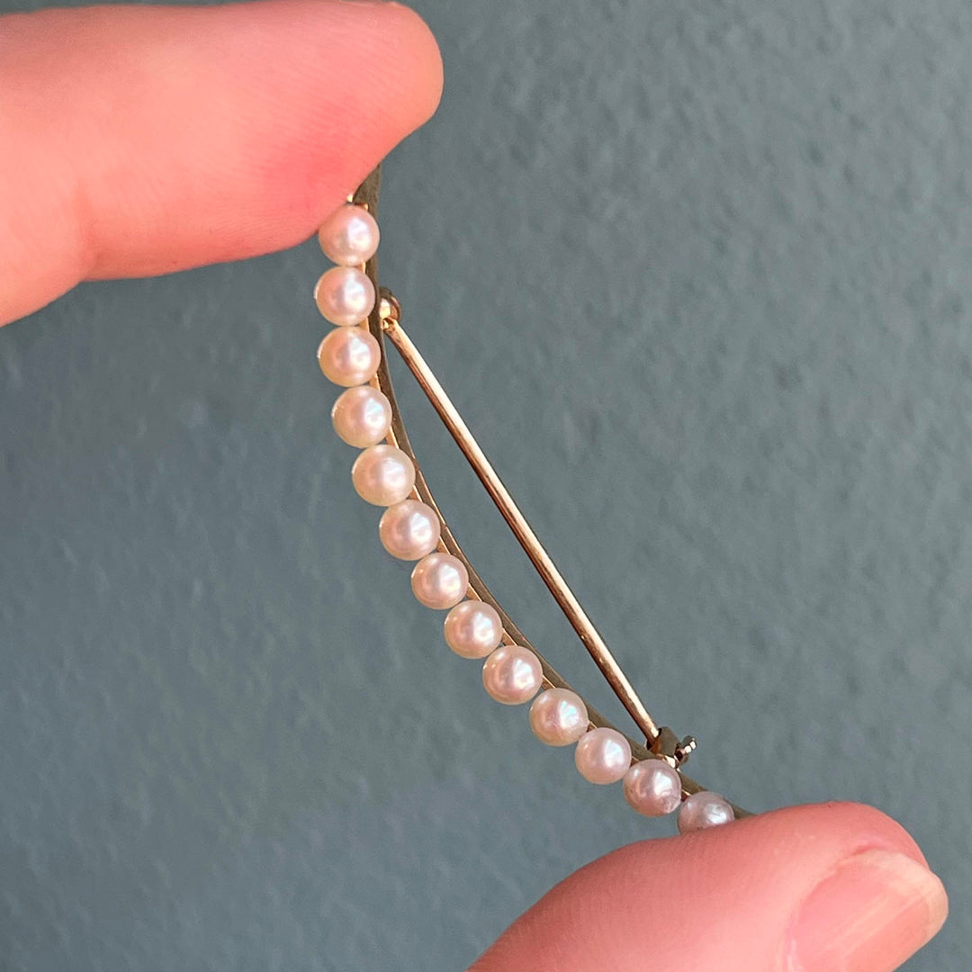 Vintage Crescent Brooch Gold Seed Pearl, c. 1930
