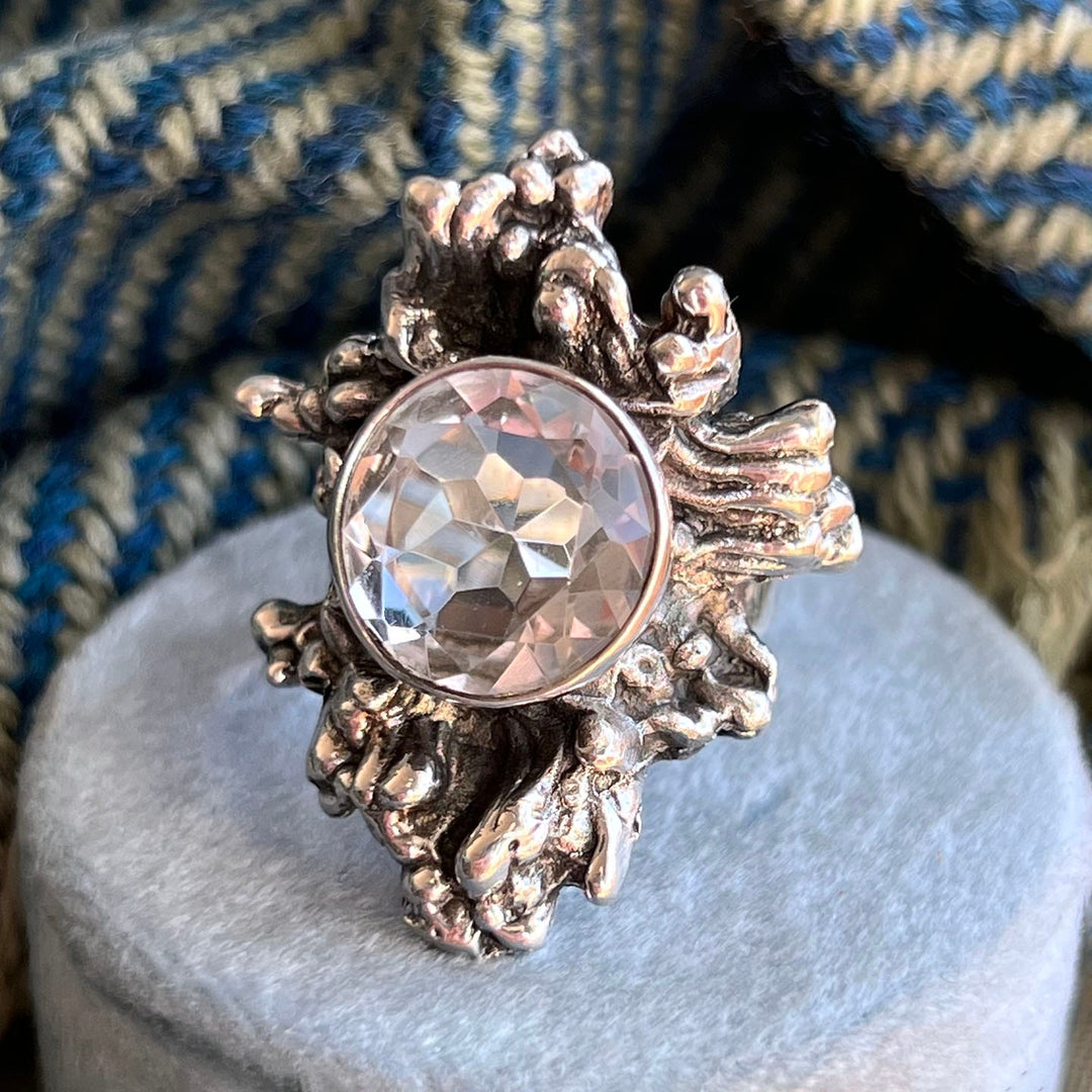 Detailed view of crystal in silver setting