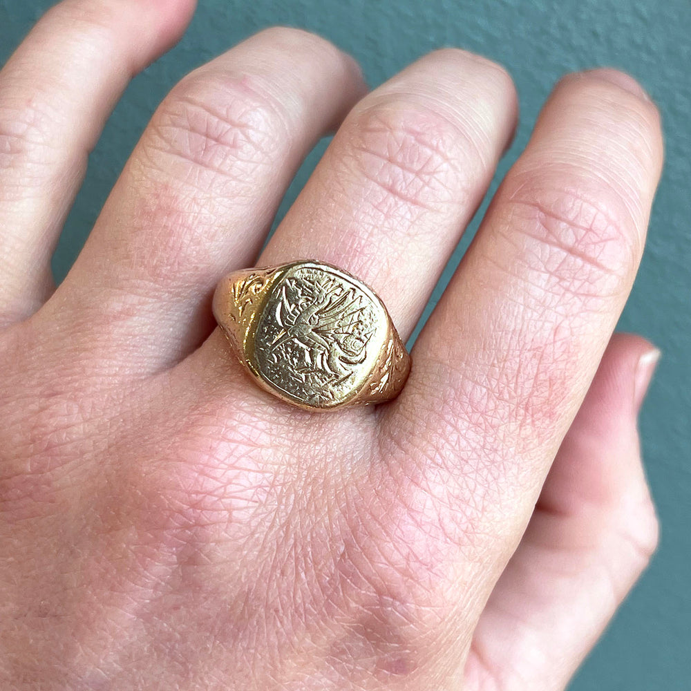 Vintage Gold Dragon Signet Ring, London 1990