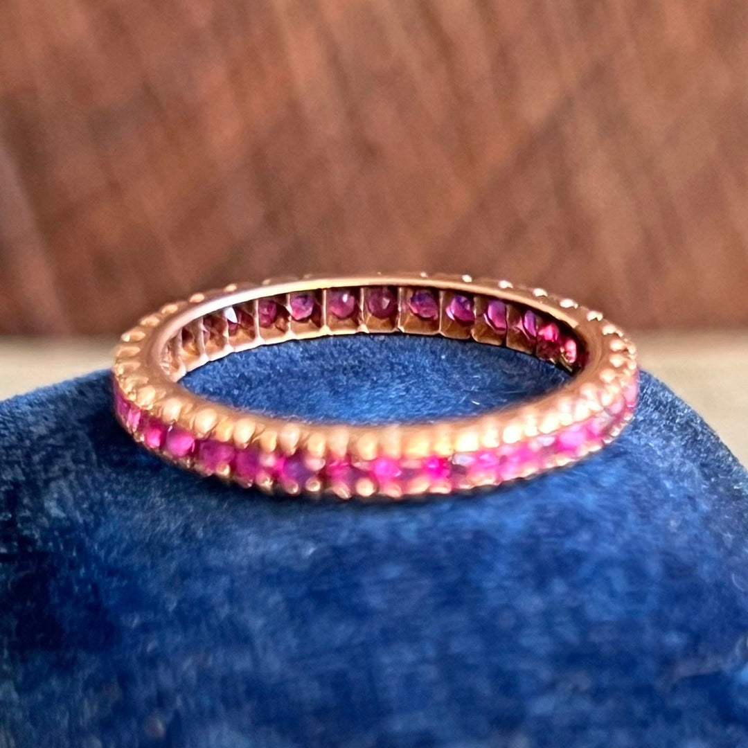 Close view of ruby set eternity band