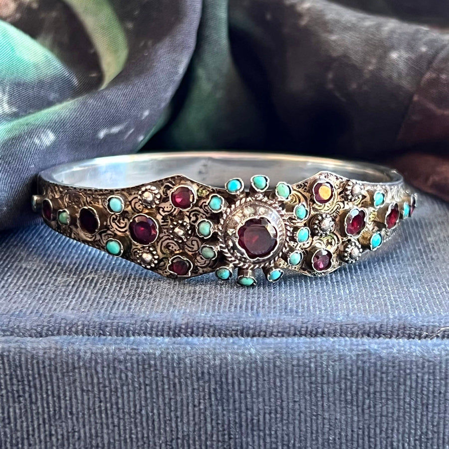 Vintage Hungarian silver bangle turquoise and garnet bracelet
