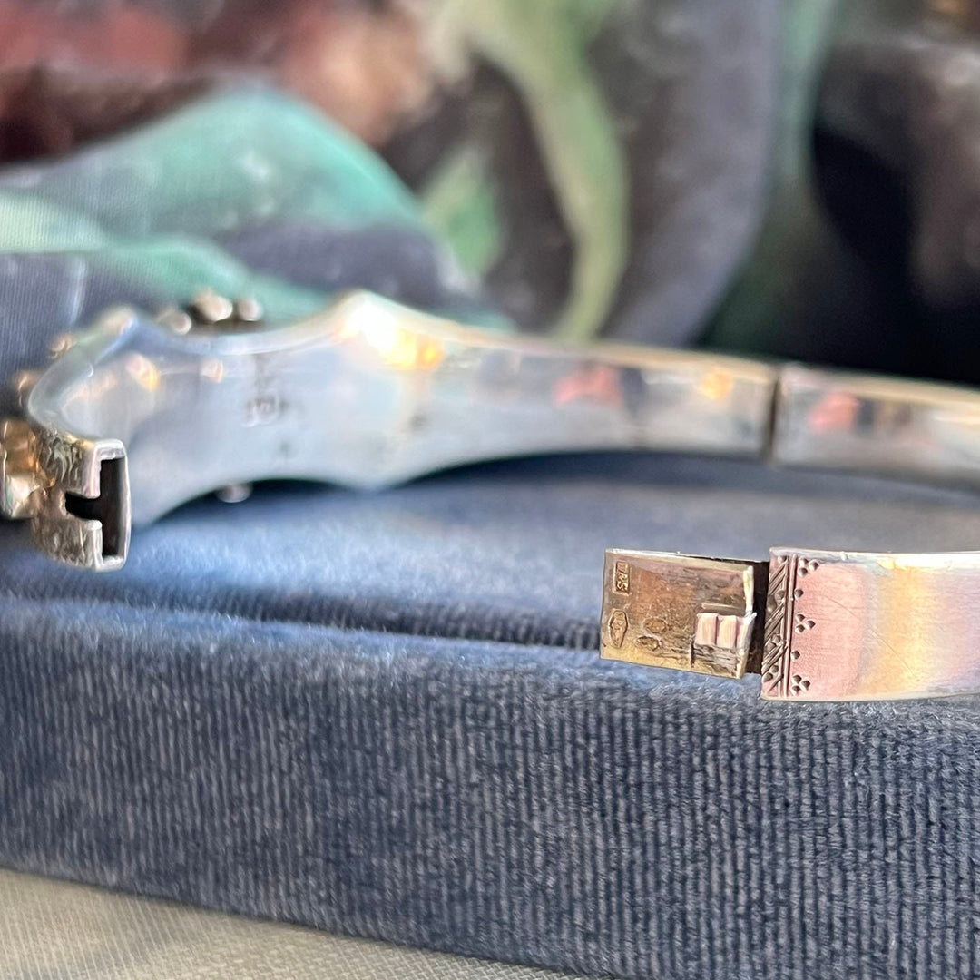 Vintage Hungarian Silver Turquoise Garnet Bangle Bracelet c. 1937–1966