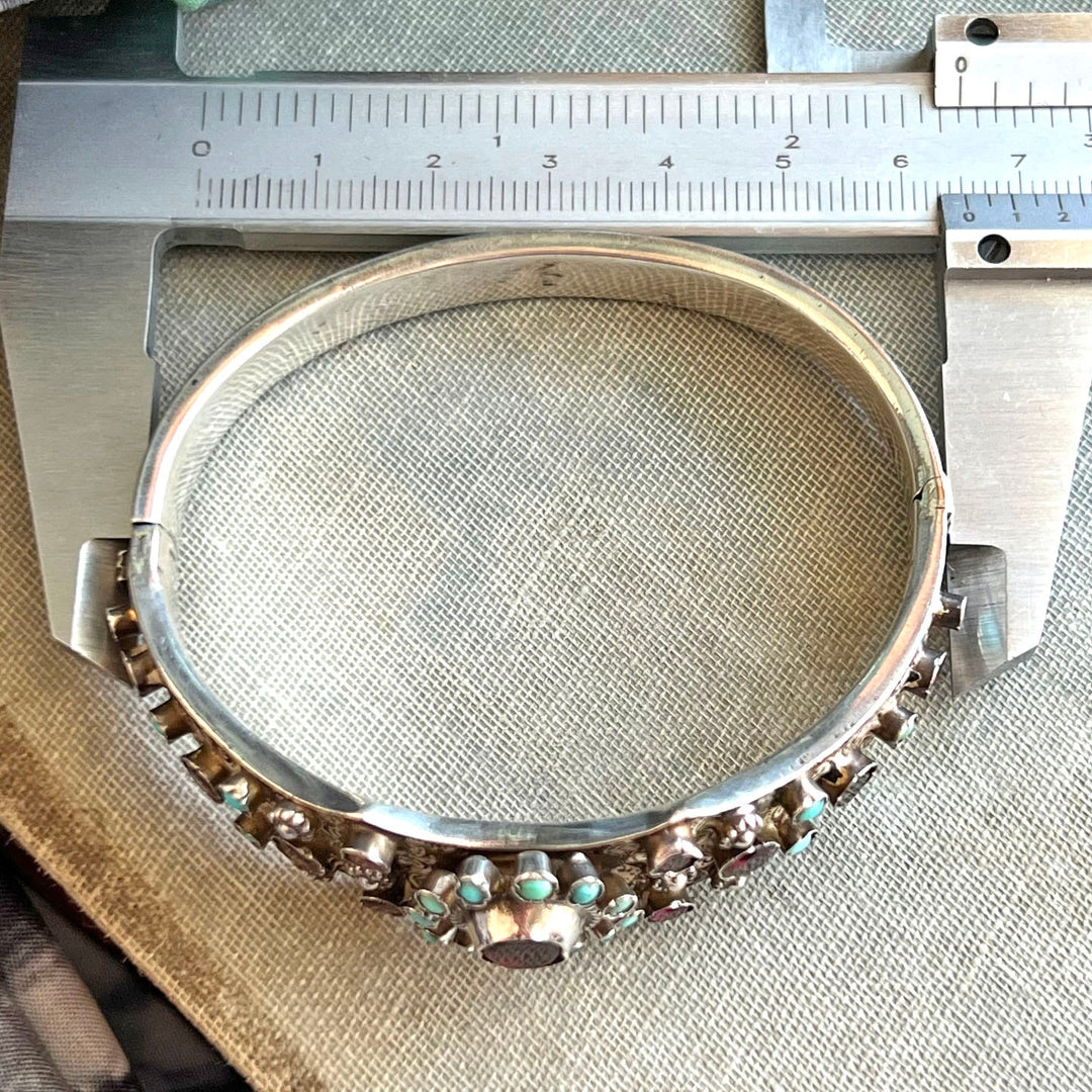 Vintage Hungarian Silver Turquoise Garnet Bangle Bracelet c. 1937–1966