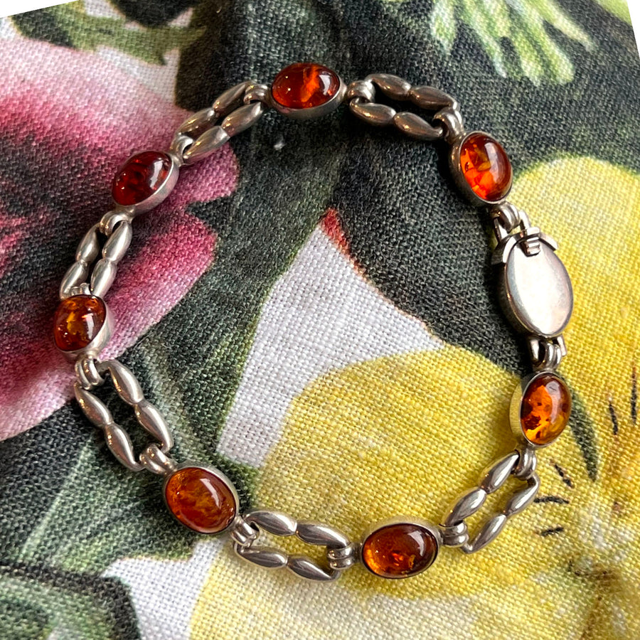 Vintage N.E. From Sterling Silver Amber Link Bracelet, Denmark 1986