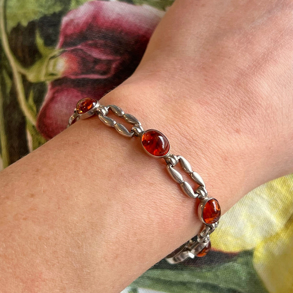 Vintage N.E. From Sterling Silver Amber Link Bracelet, Denmark 1986