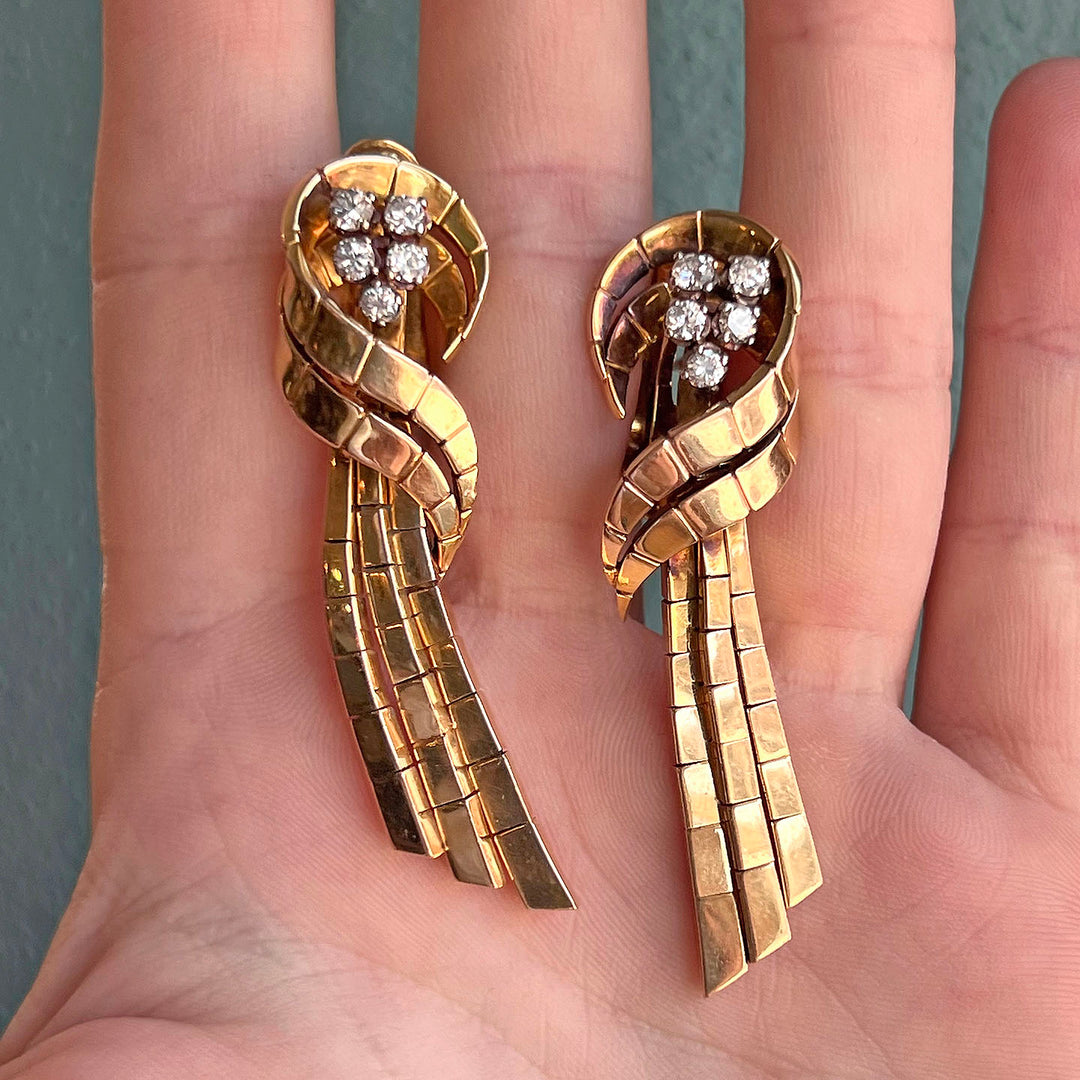 Vintage Retro Gold Earrings Diamond Ribbon, c. 1940