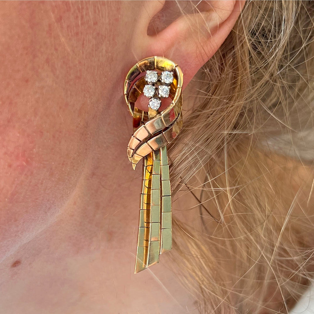 Vintage Retro Gold Earrings Diamond Ribbon, c. 1940