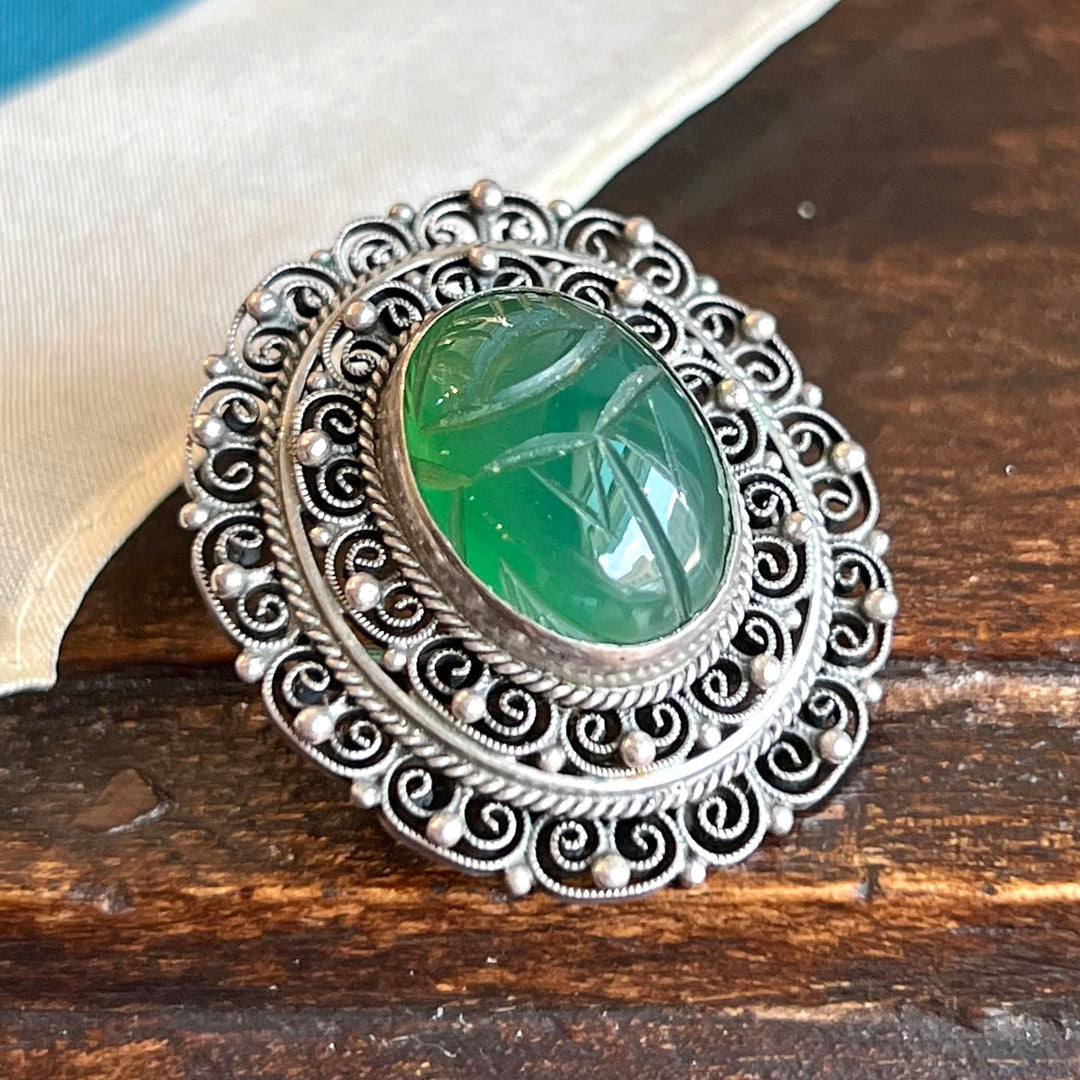 Vintage Silver Chrysoprase Scarab Brooch and Pendant