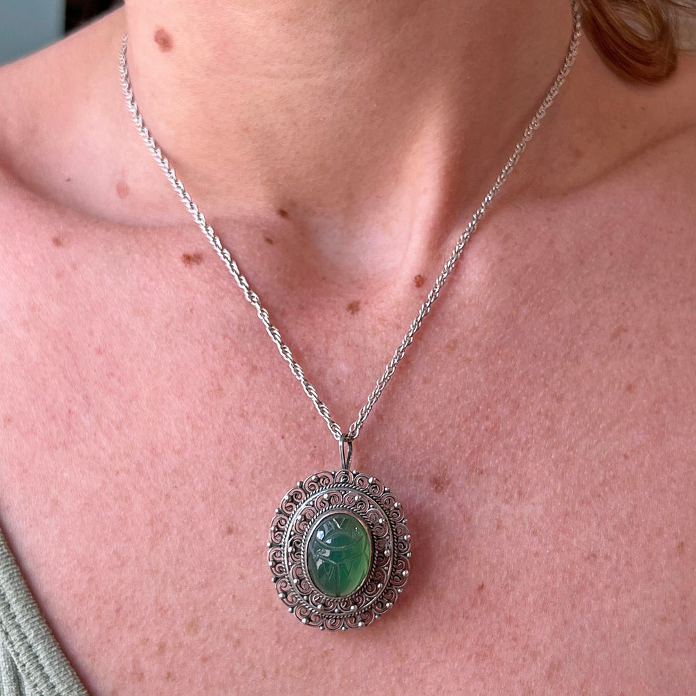 Vintage Silver Chrysoprase Scarab Brooch and Pendant