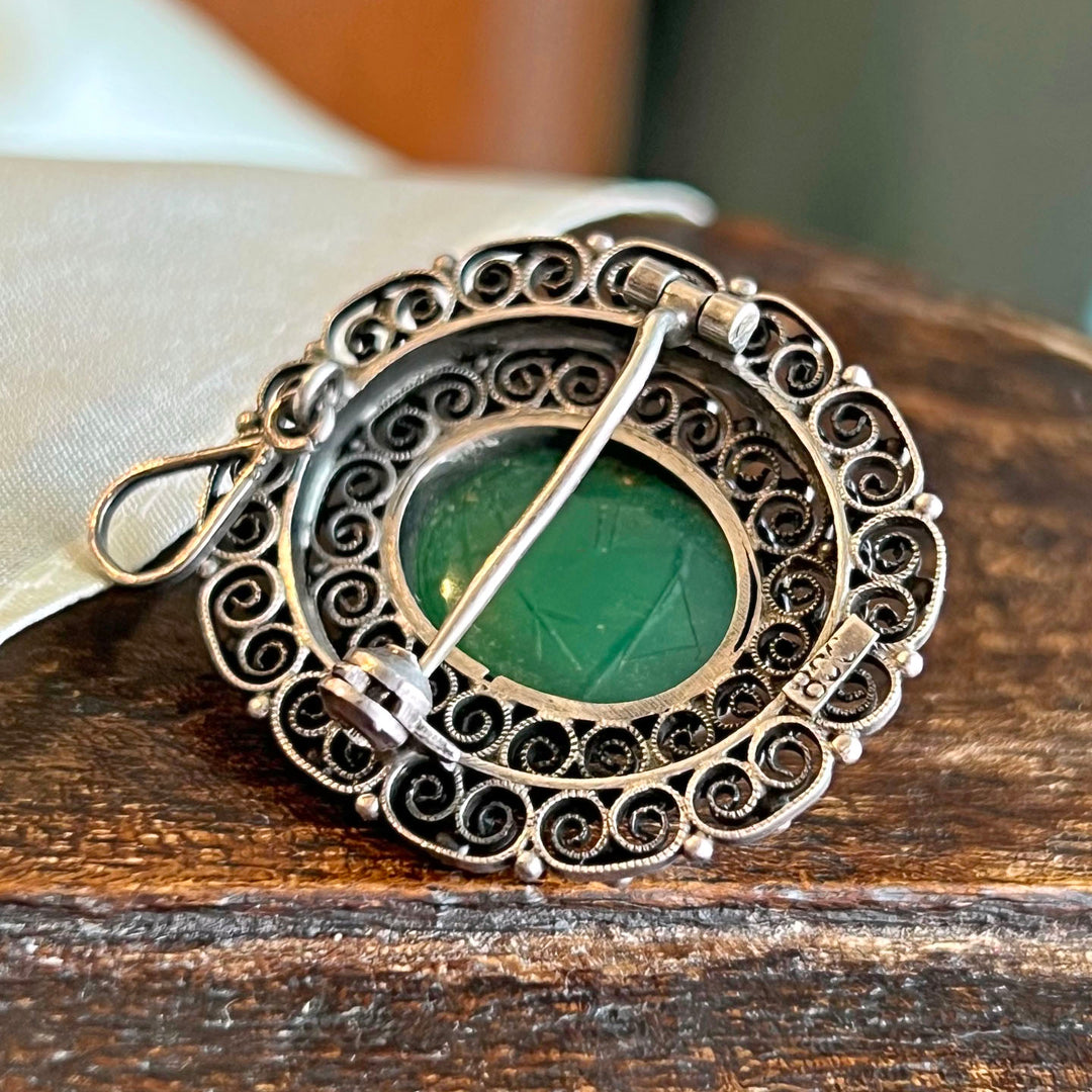 Vintage Silver Chrysoprase Scarab Brooch and Pendant