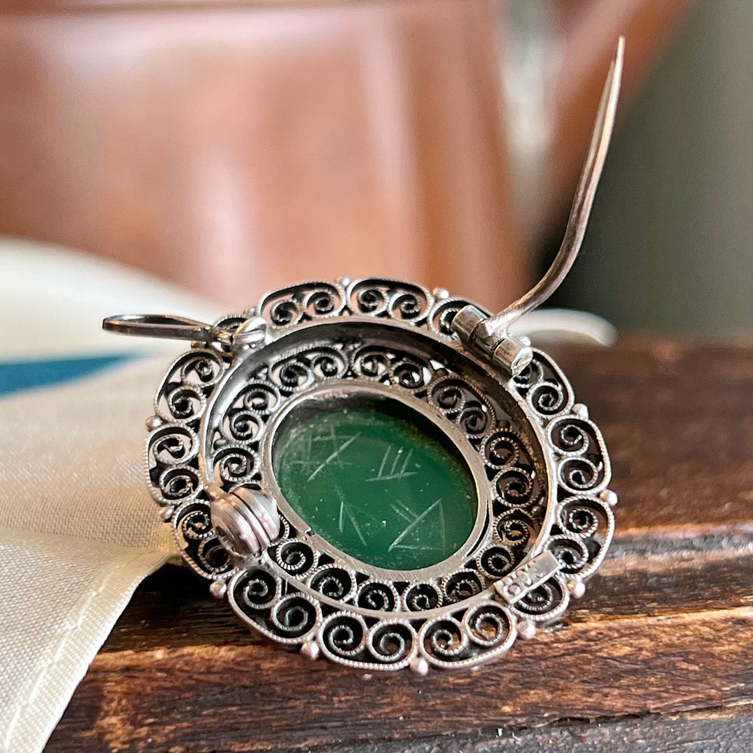 Vintage Silver Chrysoprase Scarab Brooch and Pendant