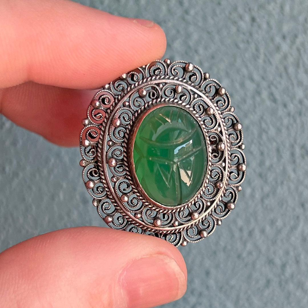 Vintage Silver Chrysoprase Scarab Brooch and Pendant