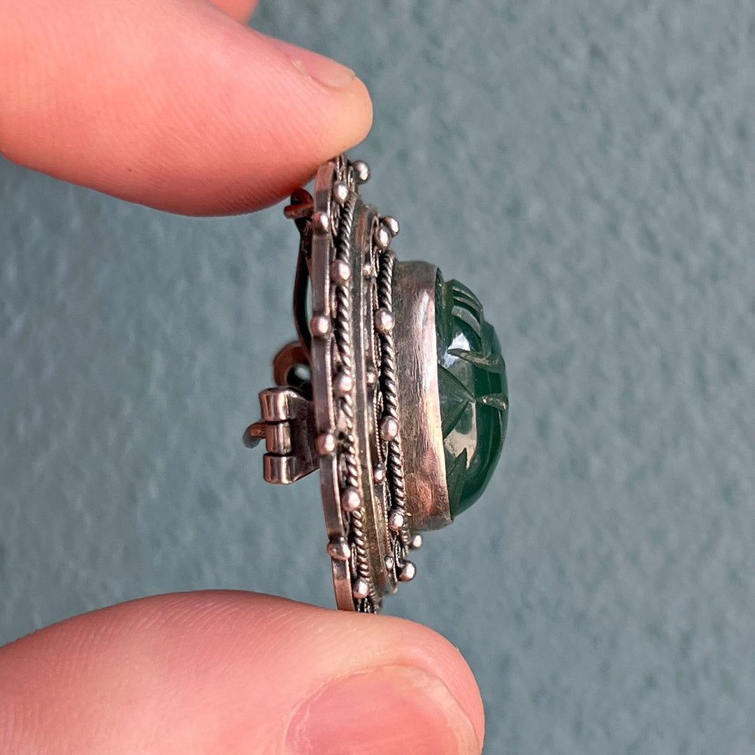 Vintage Silver Chrysoprase Scarab Brooch and Pendant