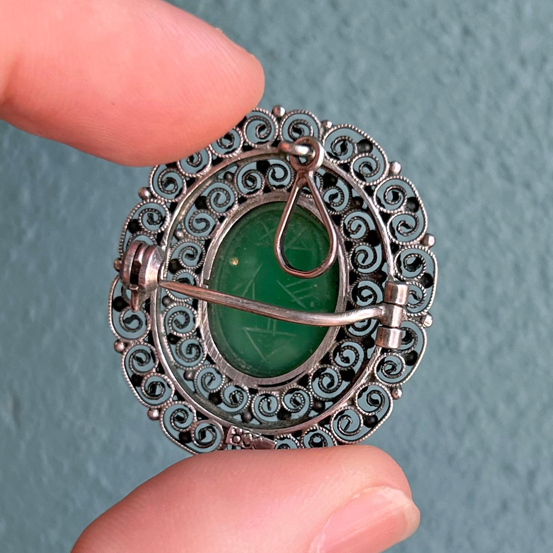 Vintage Silver Chrysoprase Scarab Brooch and Pendant