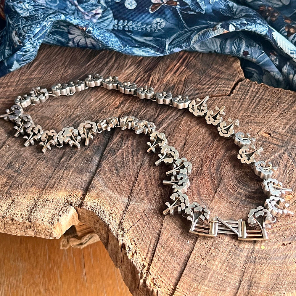 Vintage silver collar necklace trees and gate motif London 1976